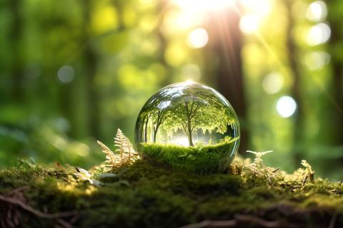 Das Bild zeigt eine Glaskugel, die auf einem moosbedeckten Waldboden liegt. In der Kugel spiegelt sich ein grüner Baum inmitten eines sonnendurchfluteten Waldes wieder.