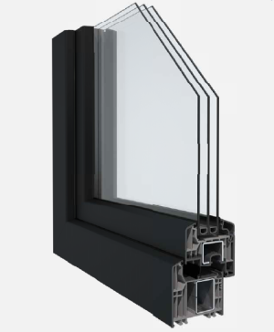 Das Bild zeigt einen Querschnitt eines modernen Fensterrahmens mit dreifacher Wärmeschutzverglasung und isolierendem Kunststoffprofil.