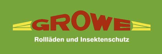 Logo von Growe Roltex mit rotem Schriftzug, gelben Lamellen und dem Zusatz „Rollläden und Insektenschutz“ auf grünem Hintergrund.