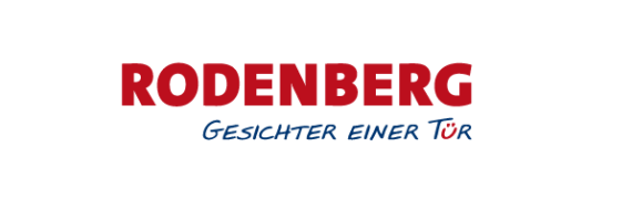 Roter Schriftzug „RODENBERG“ mit blauem Slogan „Gesichter einer Tür“, wobei das „Ü“ rot hervorgehoben ist.