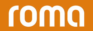 Weißer Schriftzug „roma“ in abgerundeter, moderner Typografie auf orangem Hintergrund.
