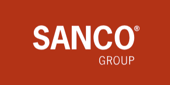 Weißer Schriftzug „SANCO GROUP“ auf rotem Hintergrund, „SANCO“ groß, „GROUP“ kleiner darunter.