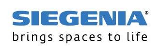 Blauer Schriftzug „SIEGENIA“ in Großbuchstaben, darunter der Slogan „brings spaces to life“ in schwarzer, kleiner Schrift.