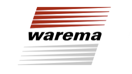 Das Logo zeigt den Schriftzug „warema“ in schwarzer, fetter Schrift, eingerahmt von diagonalen, parallelen Linien: oben in Rot, unten in Grau.